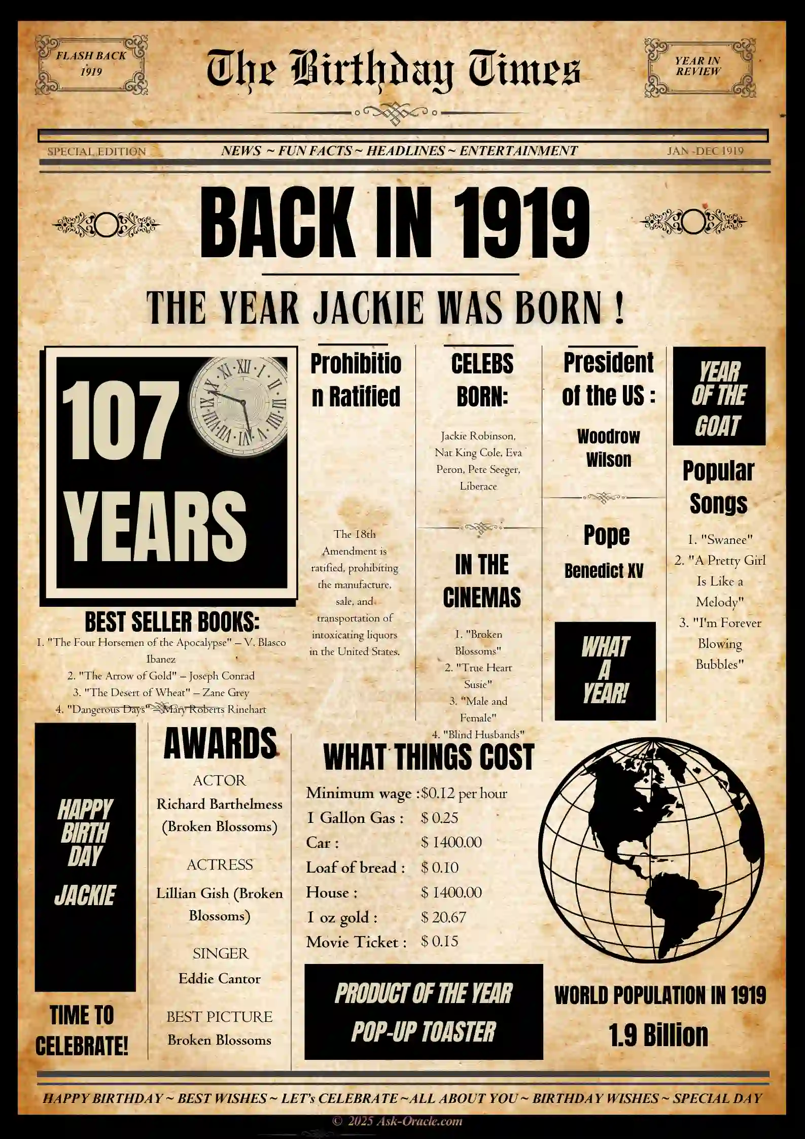 Vintage Newspaper Poster for 1919